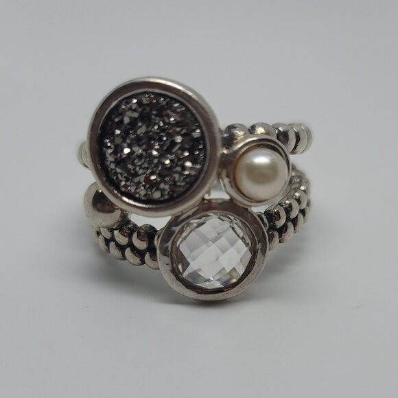 Druzy, Pearl, Quartz & Sterling Ring - Picture 1 of 5